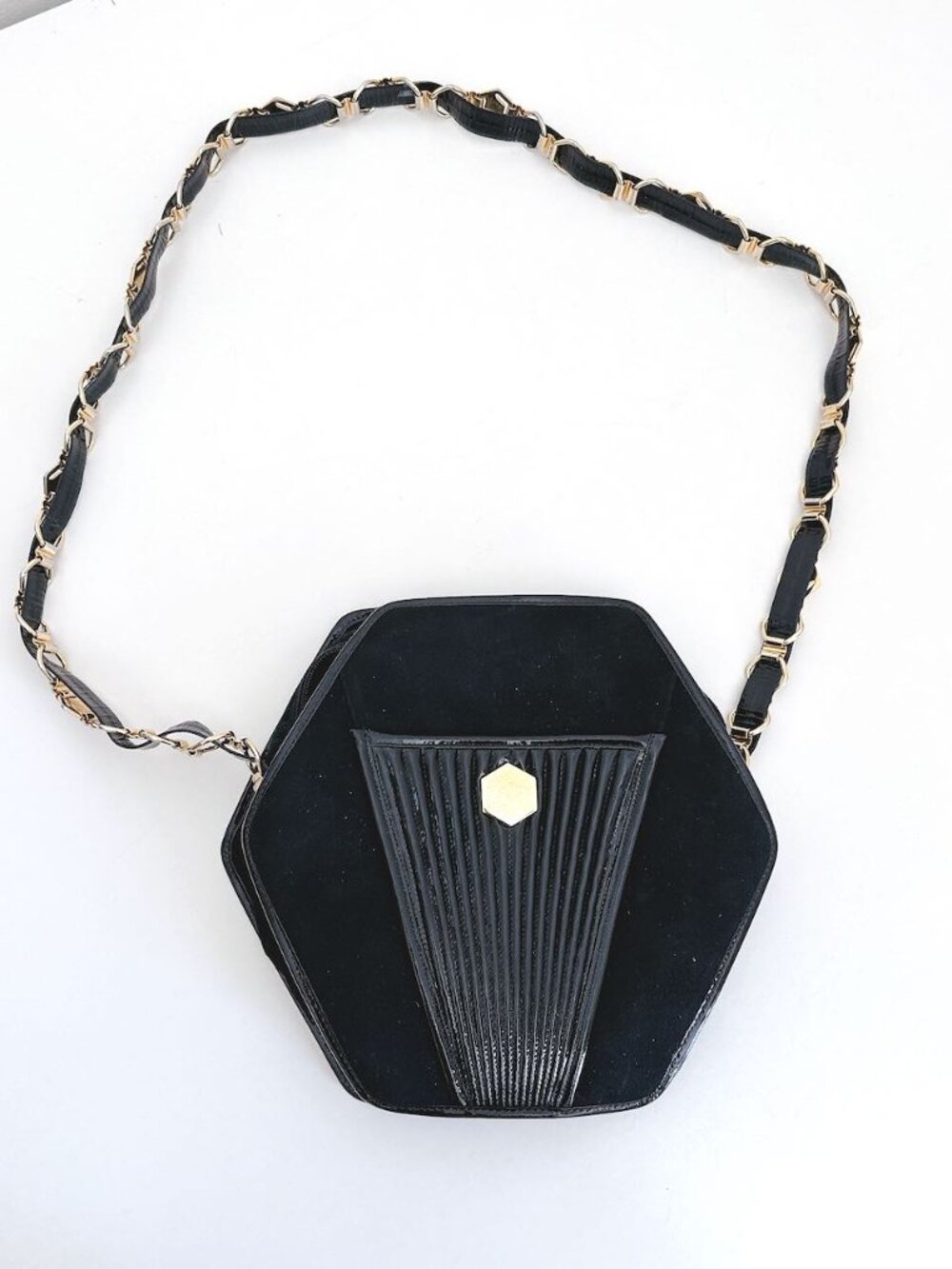 VINTAGE REVILLON PARIS MADE IN FRANCE BLACK SUEDE AND GOLD CHAIN PURSE